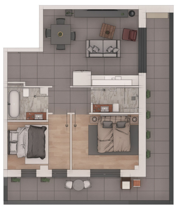 Apartament 3 camere 66 mp într-un ansamblu NZEB – terasa 28 mp - zona Terra