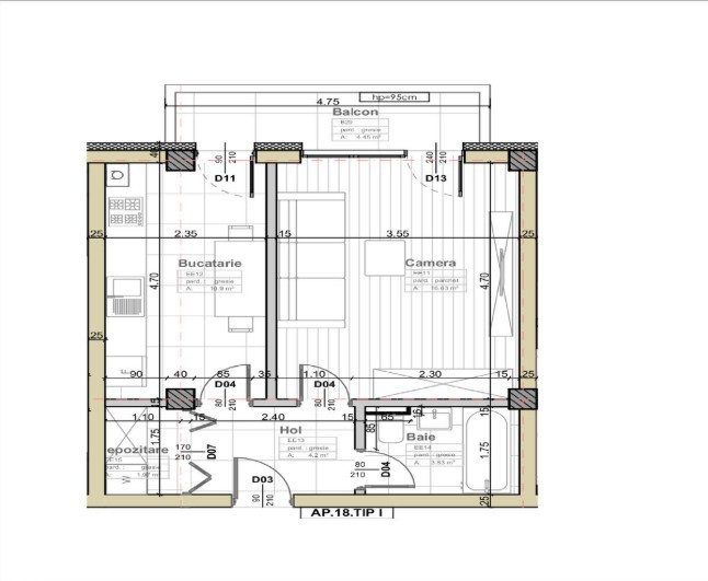 Apartament cu o camera, balcon, bucatarie separata
