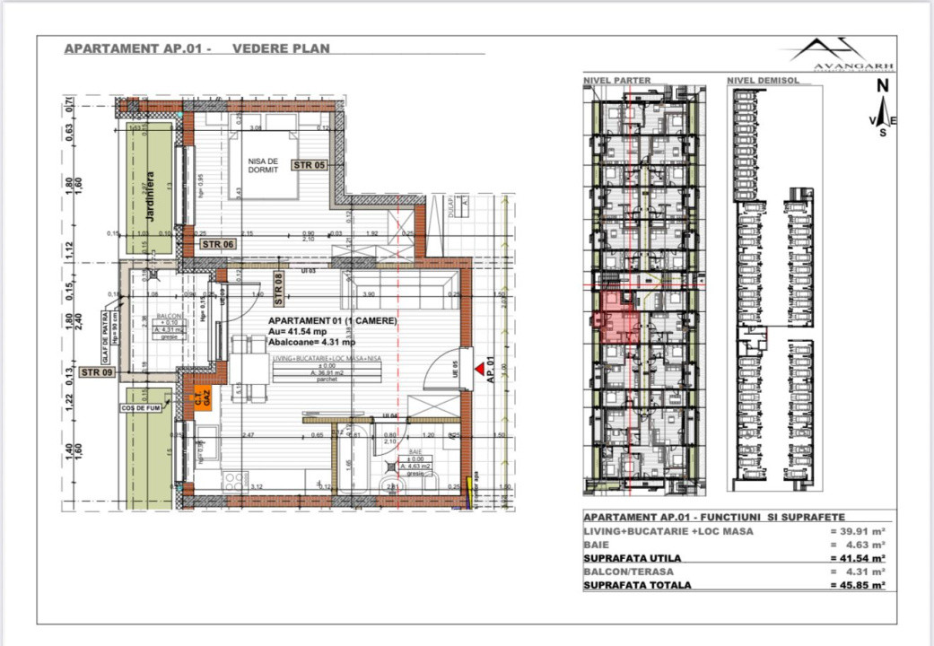 Apartament 1 camera , 45,85 mp, etaj parter, zona Cetății