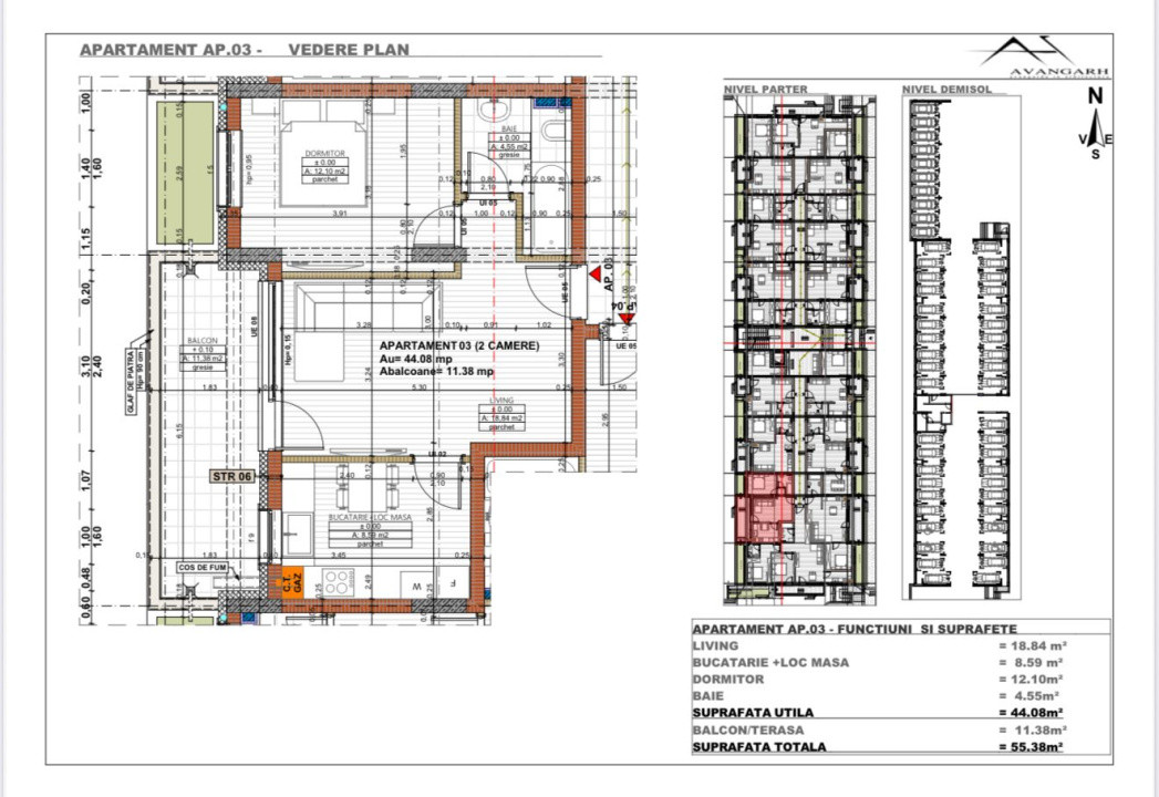 Apartament 2 camere , 44,08 mp, etaj parter, zona Cetății
