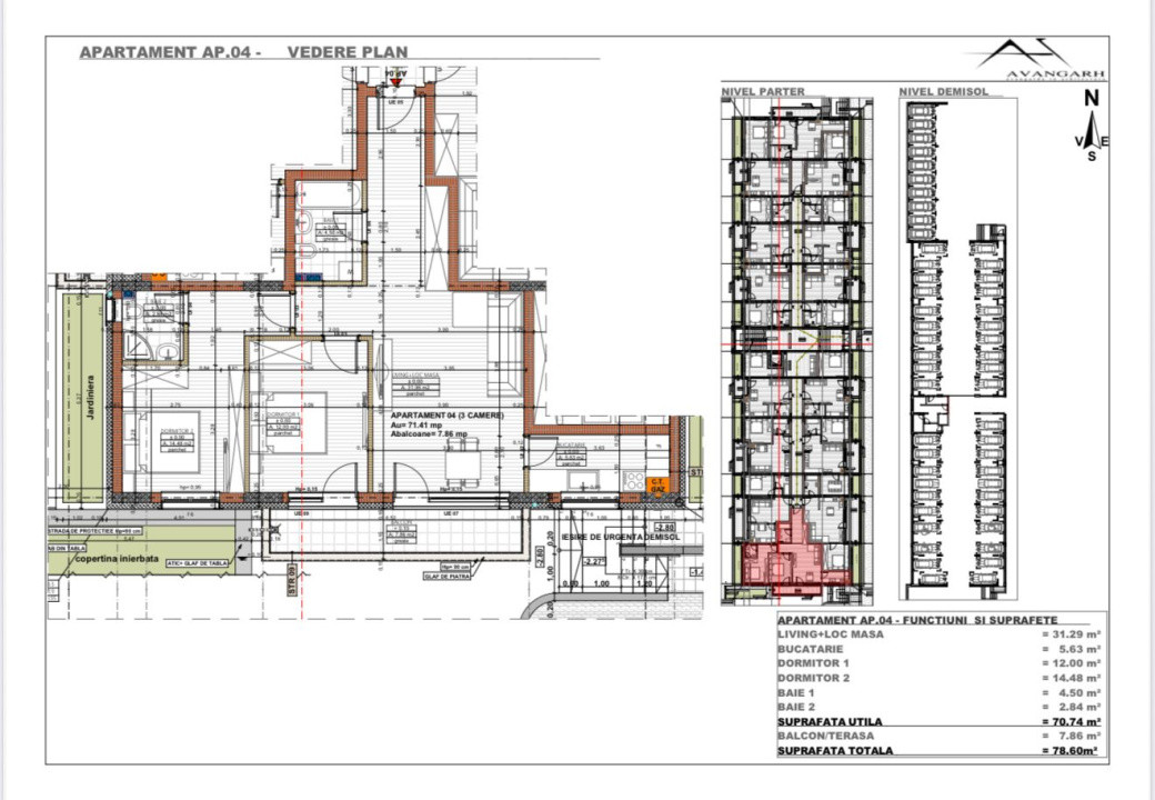 Apartament 3 camere , 71,41 mp, etaj parter, zona Cetății