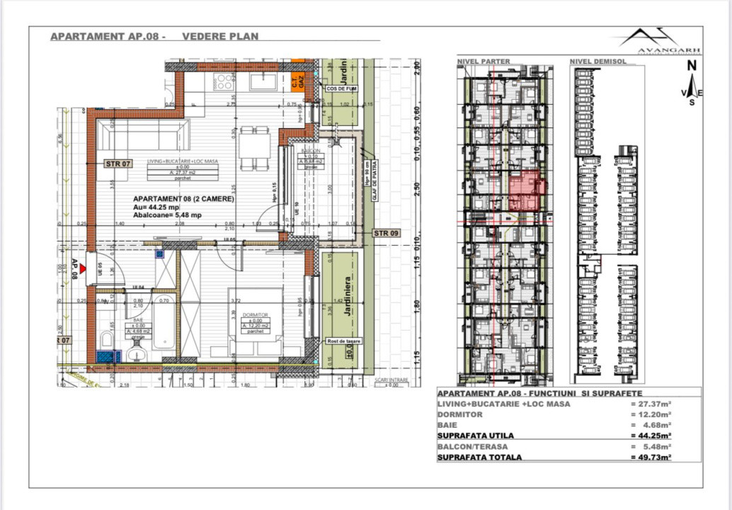 Apartament 2 camere , 44,25 mp, etaj parter, zona Cetății