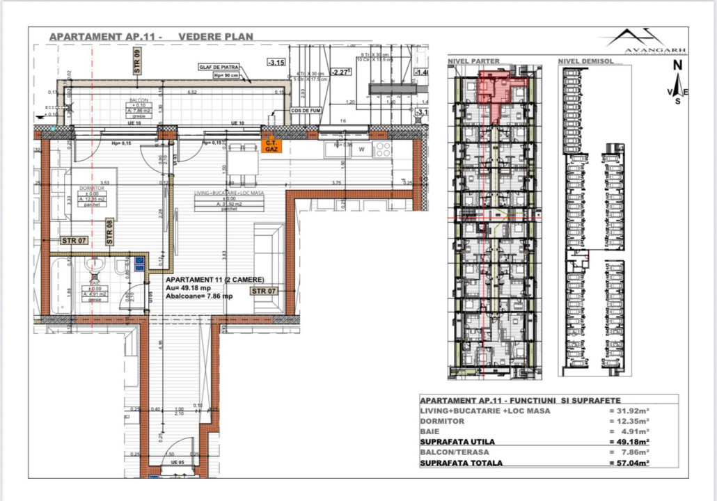 Apartament 2 camere , 49,18 mp, etaj parter, zona Cetății