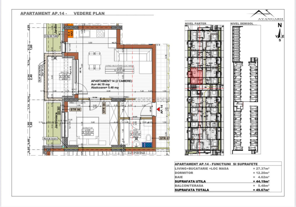 Apartament 2 camere , 44,19 mp, etaj parter, zona Cetății