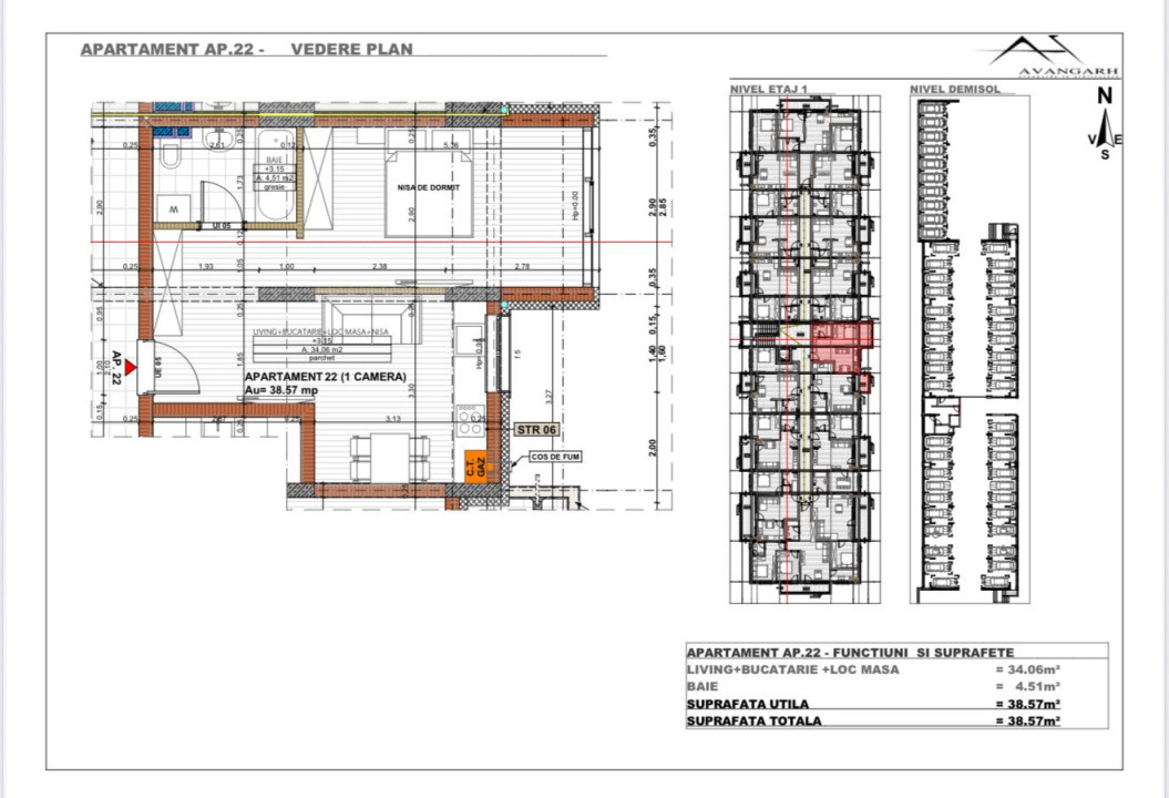Apartament 1 camera , 38,57 mp, etaj 1 , zona Cetății
