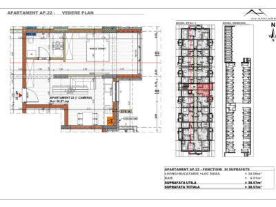Apartament 1 camera , 38,57 mp, etaj 1 , zona Cetății