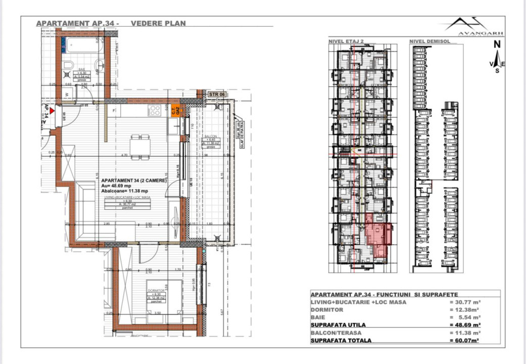 Apartament 2 camere , 48,69 mp, etaj 2, zona Cetății