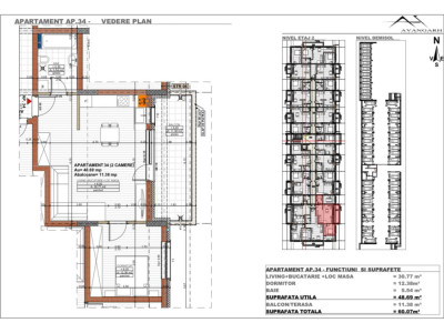 Apartament 2 camere , 48,69 mp, etaj 2, zona Cetății