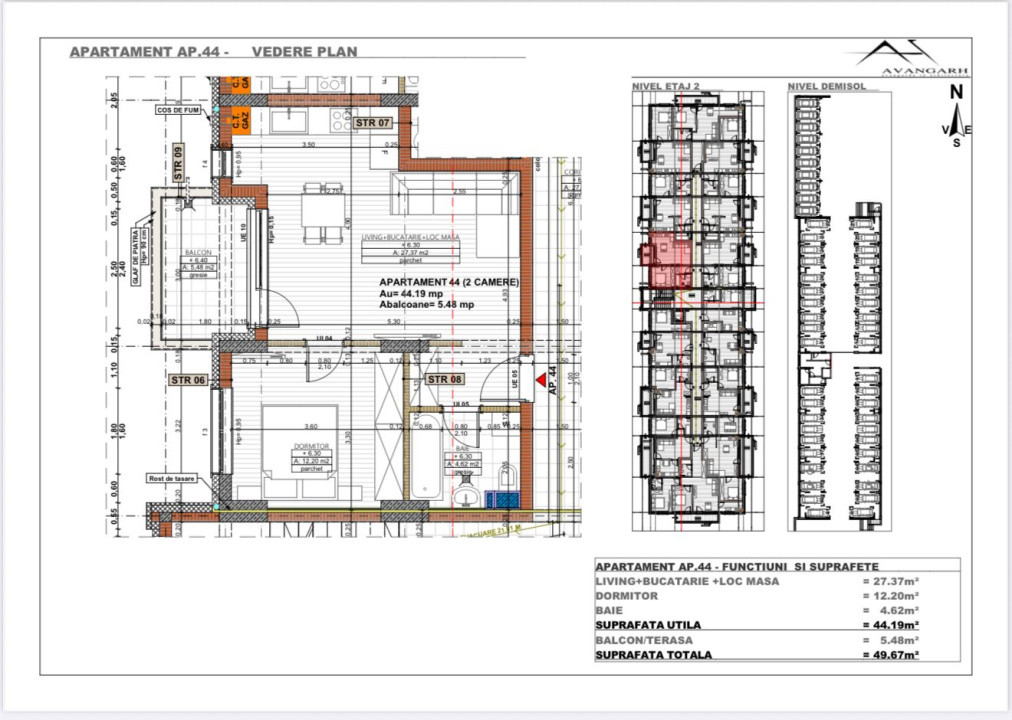 Apartament 2 camere , 44,19 mp, etaj 2 , zona Cetății