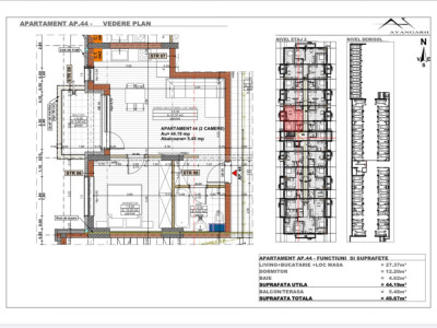 Apartament 2 camere , 44,19 mp, etaj 2 , zona Cetății