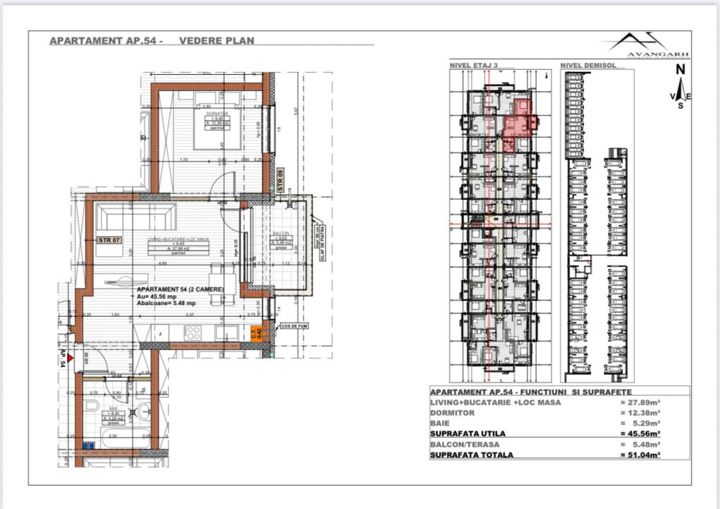 Apartament 2 camere , 45,56 mp, etaj 3 , zona Cetății