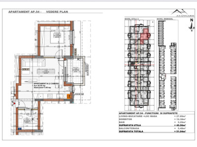 Apartament 2 camere , 45,56 mp, etaj 3 , zona Cetății