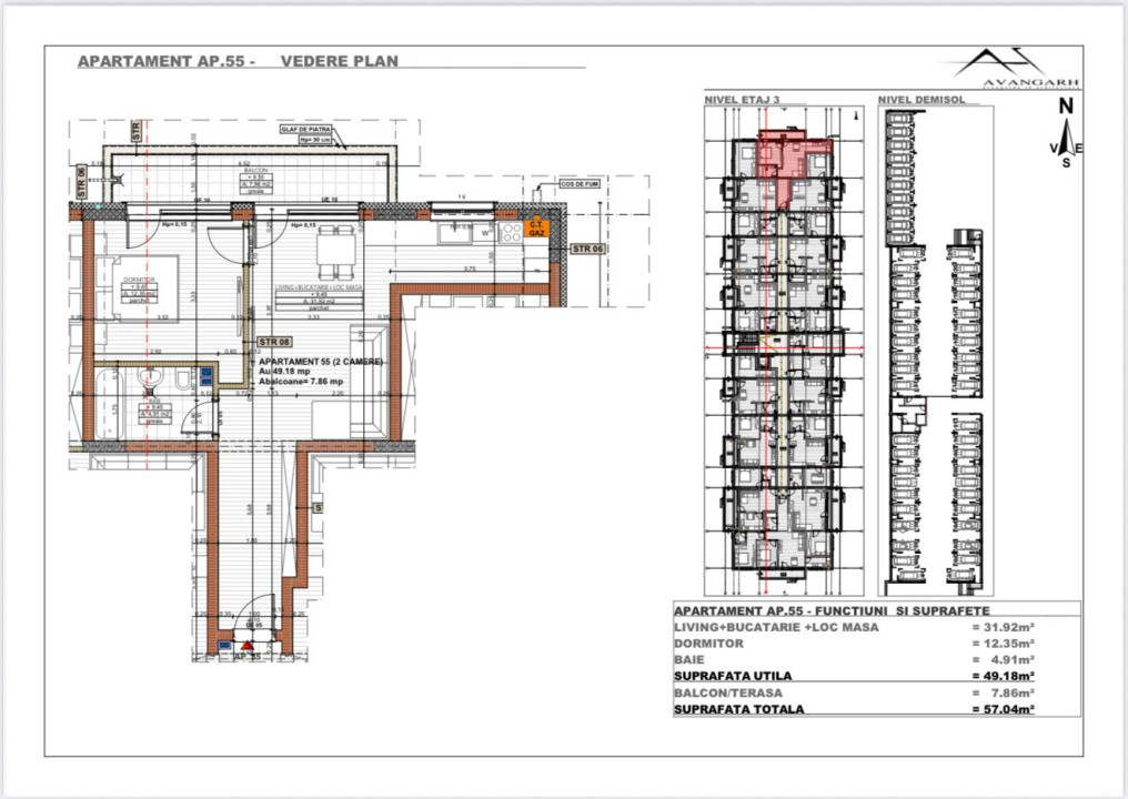 Apartament 2 camere , 49,18 mp, etaj 3 , zona Cetății