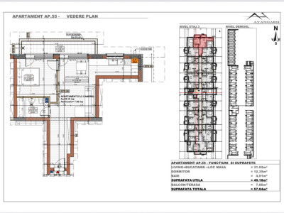 Apartament 2 camere , 49,18 mp, etaj 3 , zona Cetății