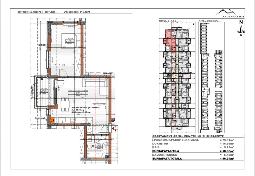 Apartament 2 camere , 50,86 mp, etaj 3 , zona Cetății