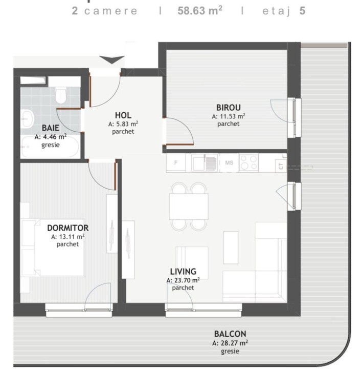 Apartament 3 camere 58,63mp+28 terasa Eroilor , Floresti