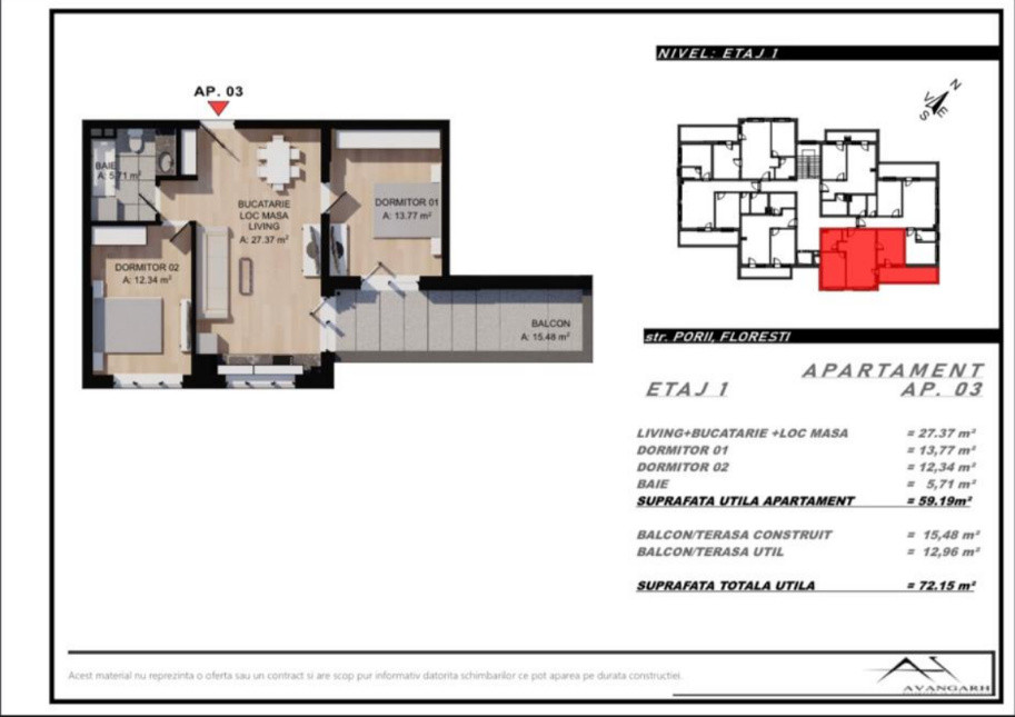 Apartament cu 3 camere, 60 mp,balcon ,zona Eroilor