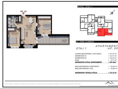 Apartament cu 3 camere, 60 mp,balcon ,zona Eroilor