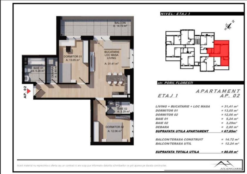 Apartament cu 3 camere,2 bai, 68 mp,balcon ,zona Eroilor