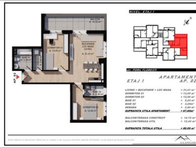 Apartament cu 3 camere,2 bai, 68 mp,balcon ,zona Eroilor