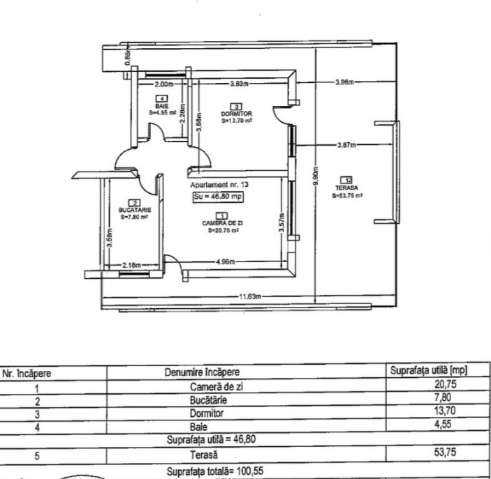 Apartament 2 camere decomandat, finisat, 53mp terasa, zona Profi Eroilor