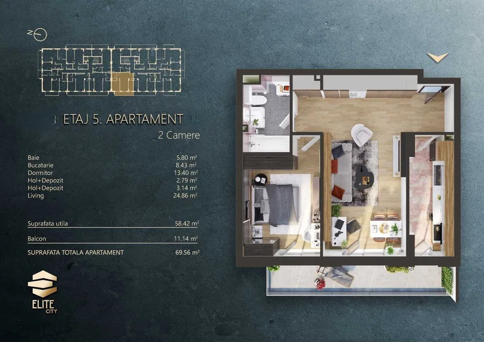 Apartament cu 2 camere, 58 mp, etaj intermediar, parcare, Complex Elite City