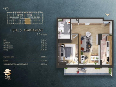 Apartament cu 2 camere, 58 mp, etaj intermediar, parcare, Complex Elite City