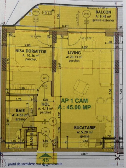 Apartament de 2 camere , 49 mp + balcon de 7 mp ,EROILOR 