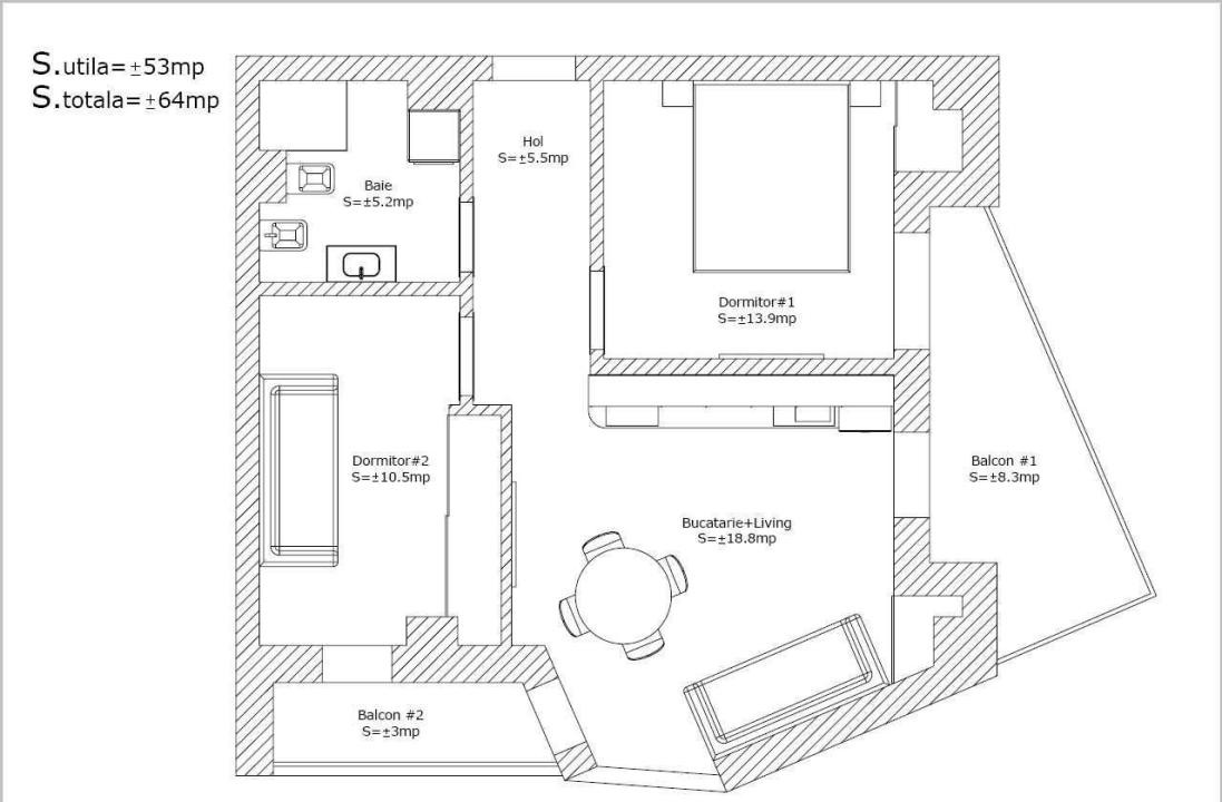 Apartament modern, 3 camere, 53 mp, etaj intermediar, parcare,Zona Mihai Romanul