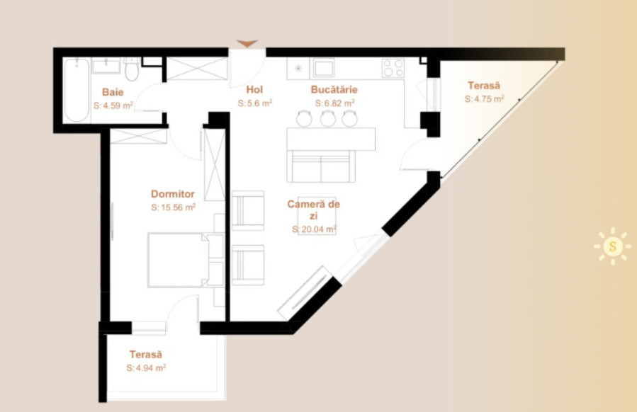Apartament 2 camere, 53mp, 2 balcoane, parcare, zona Vivo 