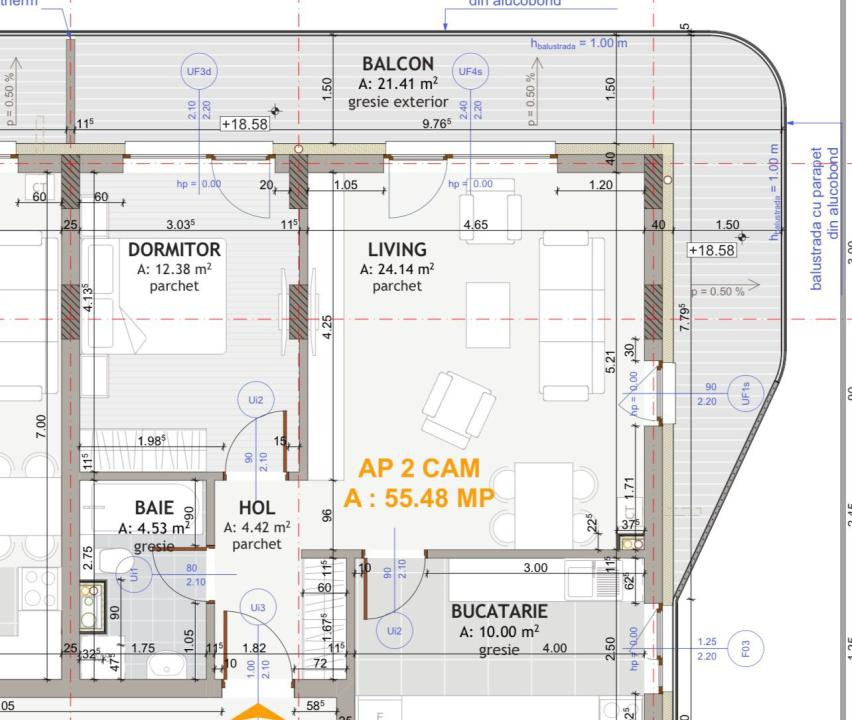 Apartament de 2 camere , 55,48  mp, semifinisat , EROILOR 