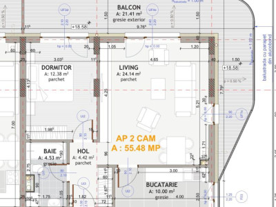 Apartament de 2 camere , 55,48  mp, semifinisat , EROILOR 