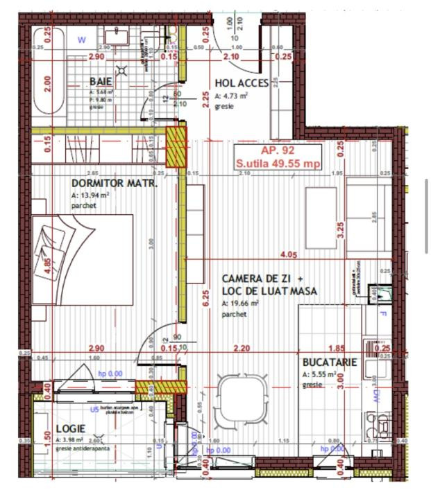 Apartament de 2 camere, 49.55mp, Semifinisat,zona Tineretului,Floresti