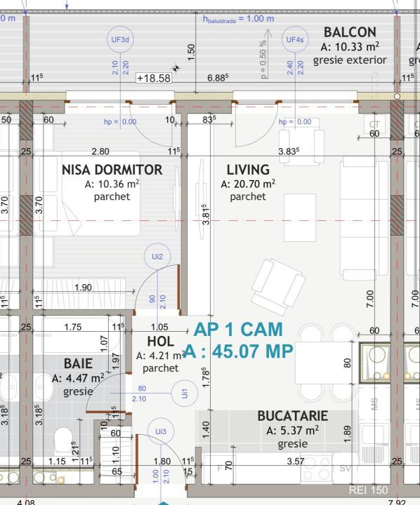 Apartament de 2 camere , 45,07  mp, semifinisat , EROILOR 
