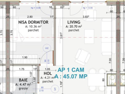 Apartament de 2 camere , 45,07  mp, semifinisat , EROILOR 