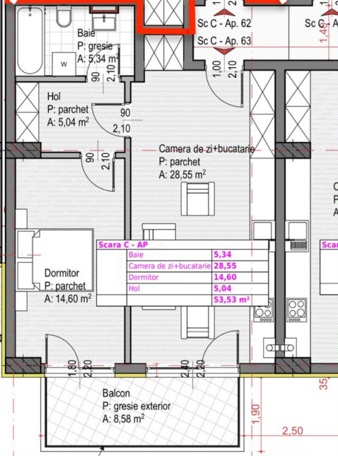 Apartament 2 camere, 53.5 mp, semifinisat, terasa  mp, zona Soporului