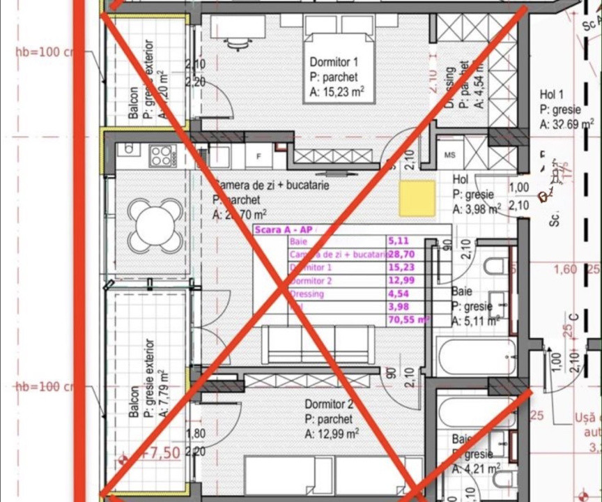 Apartament 3 camere, 70,55 mp, semifinisat, zona Soporului