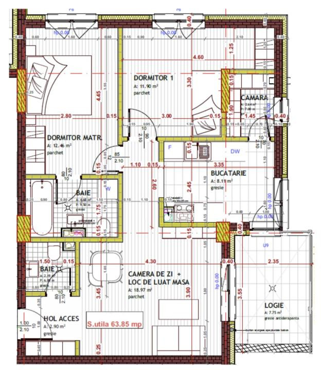 Apartament de 3 camere, 63.85mp, Semifinisat,zona Tineretului,Floresti
