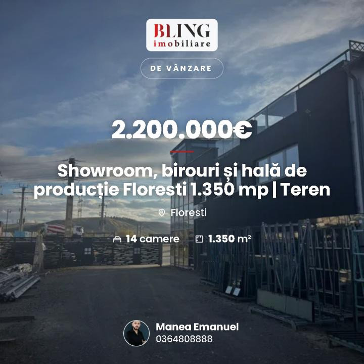Showroom, birouri și hală de producție Floresti 1.350 mp | Teren 4.300 mp | E60 