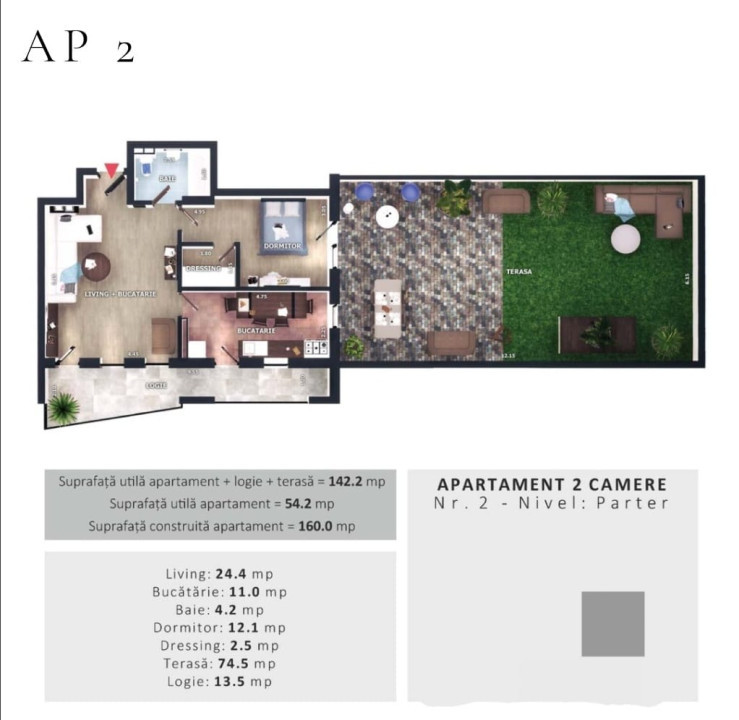 Apartament cu 2 camere, 54 mp si terasa de 75 mp, zona Vivo