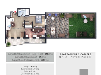 Apartament cu 2 camere, 54 mp si terasa de 75 mp, zona Vivo