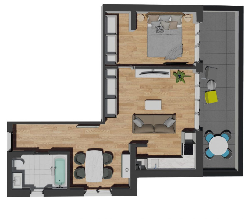 Apartament de 2 camere, 53,45 mp, terasa 15,36 mp, zona VIVO