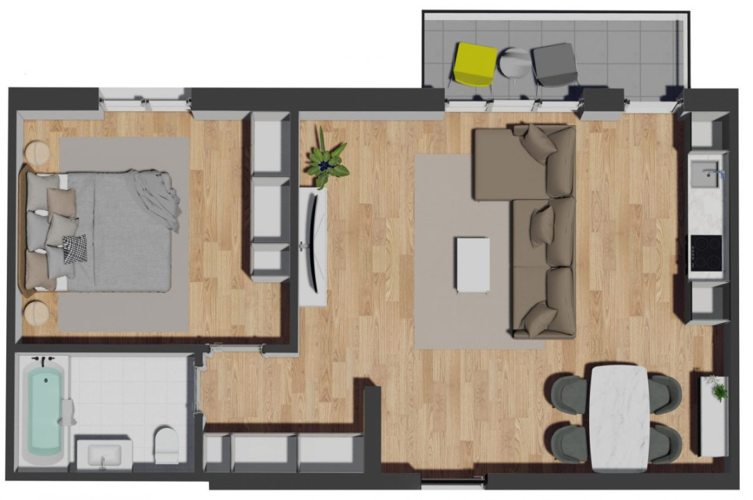 Apartament de 2 camere 57,54 mp, balcon 5,25 mp, zona VIVO cu CF 