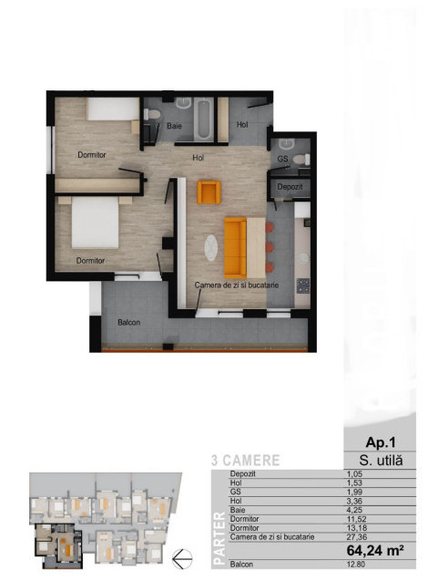 Apartament de 3 camere, 64,24 mp, terasa 12,80 mp, zona Muzeul Apei