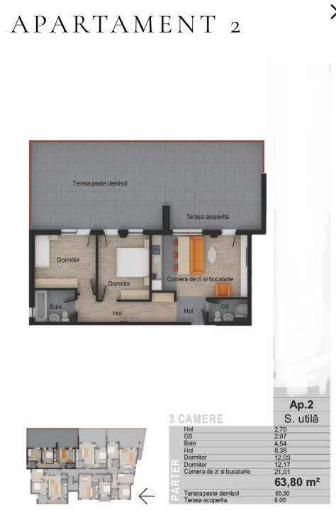 Apartament de 3 camere, 63,80 mp, terasa 73.5 mp, zona Muzeul Apei