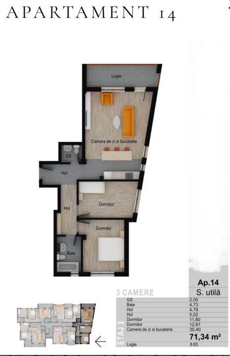 Apartament de 3 camere, 71,34 mp, balcon 8,63 mp, FINISAT zona Muzeul Apei