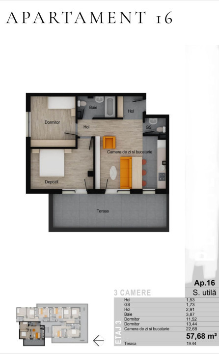 Apartament de 3 camere FINISAT / Muzeul Apei 57,68 mp, terasa 19,44 mp, 