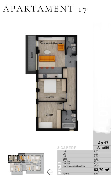 Apartament de 3 camere, zona Muzeul Apei 63,79 mp, terasa 5,69 mp  