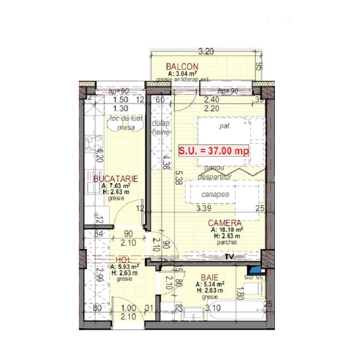 Apartament de 1 camera, 37 mp, semifinisat, Zona Sesul de sus