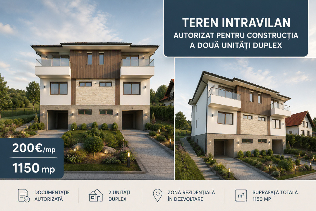 Teren intravilan autorizat pentru construcție duplex, 1150 mp, sat Feleacu